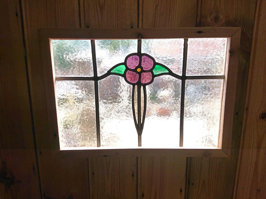 <p>Ledge and Brace Door with Stain Glass window</p><p>Made from Reclaimed Pine</p><p>32 1/2" x 78"</p>